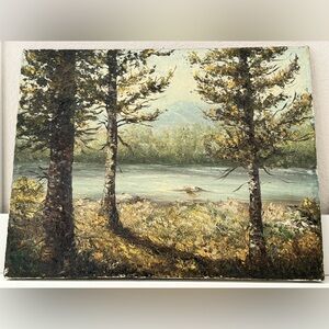 Signed Scenic Pine Lake Landscape Original Oil Painting